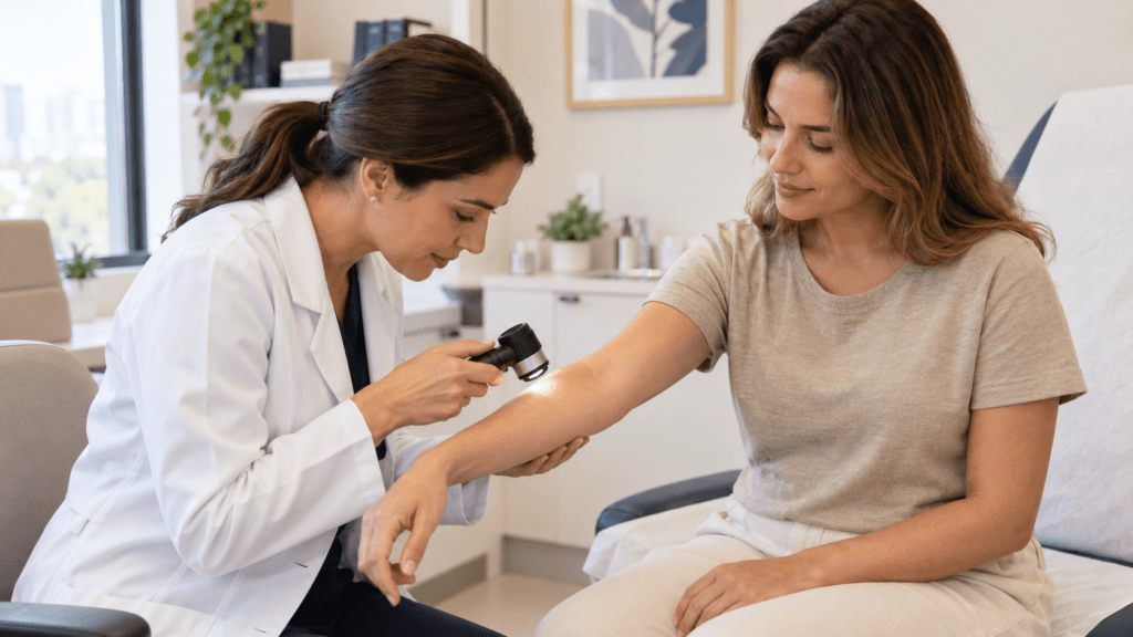 Dermatologista examina a pele do antebraço de uma paciente em consulta. Imagem ilustrativa.
