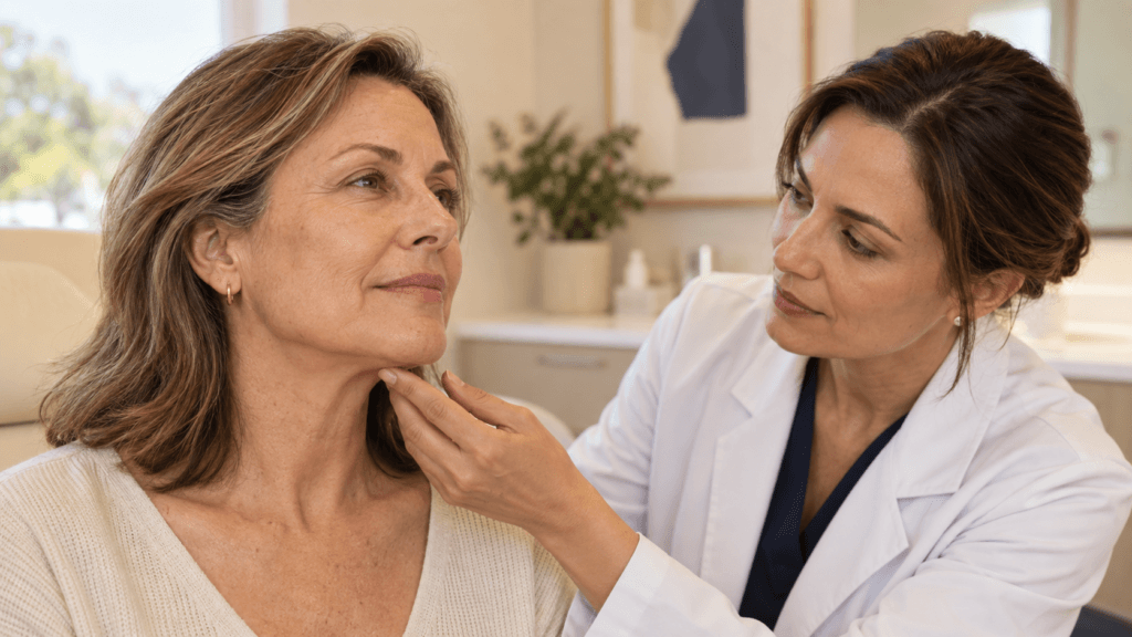 Dermatologista observa a pele do rosto e o contorno da mandíbula de uma paciente. Imagem ilustrativa.