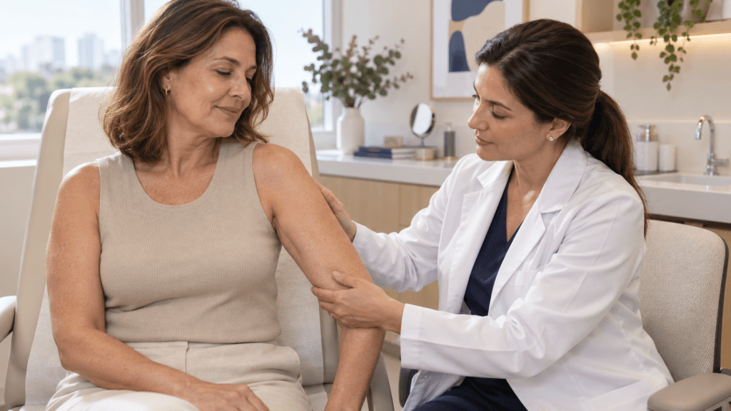 Dermatologista avalia a pele do braço de uma paciente em consulta sobre flacidez. Imagem ilustrativa.