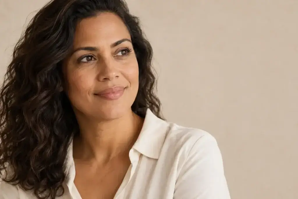 Retrato conceitual de mulher adulta com expressão natural e textura visível da pele.