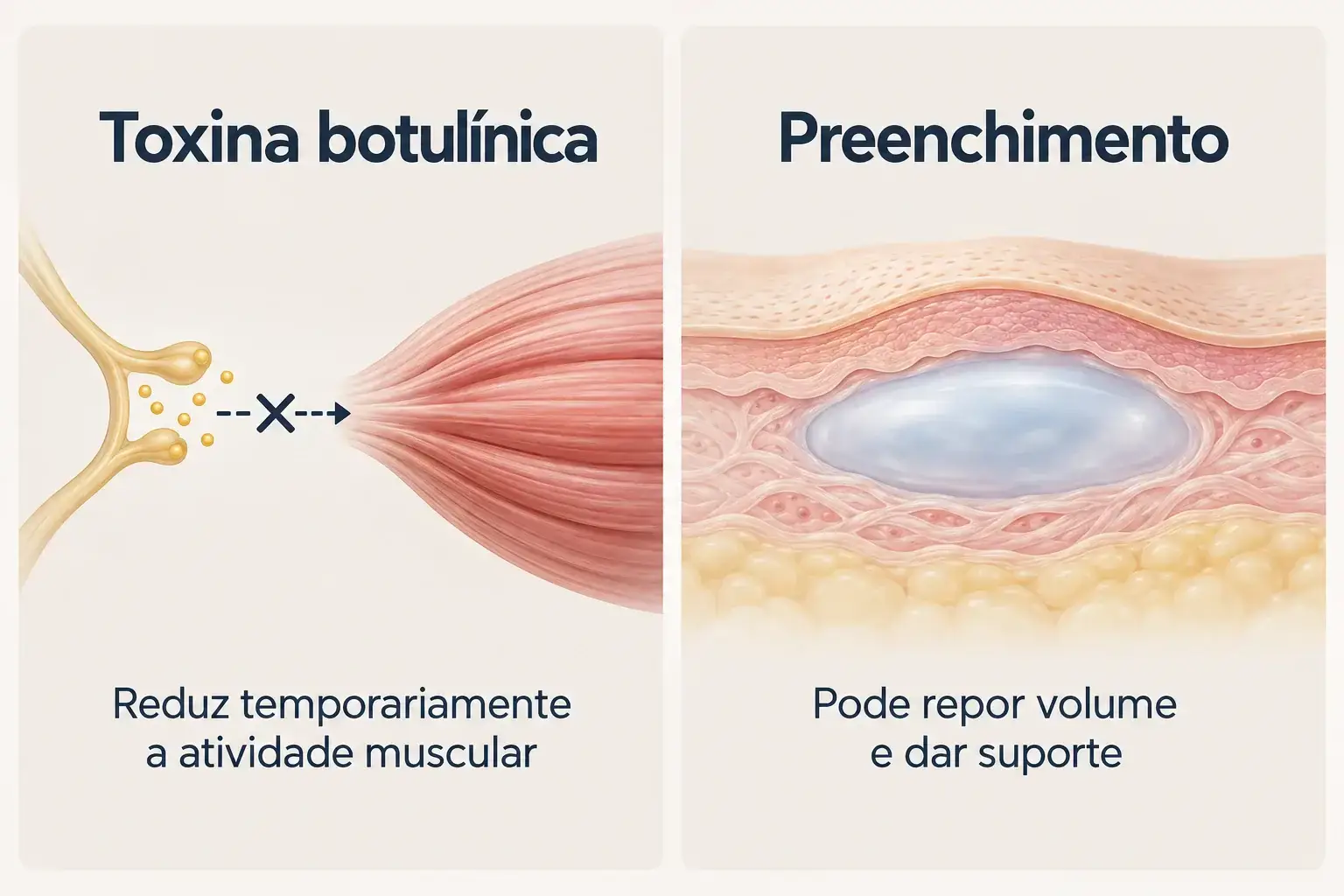 Comparação ilustrada: toxina botulínica reduz temporariamente a atividade muscular; preenchimento pode repor volume e dar suporte.