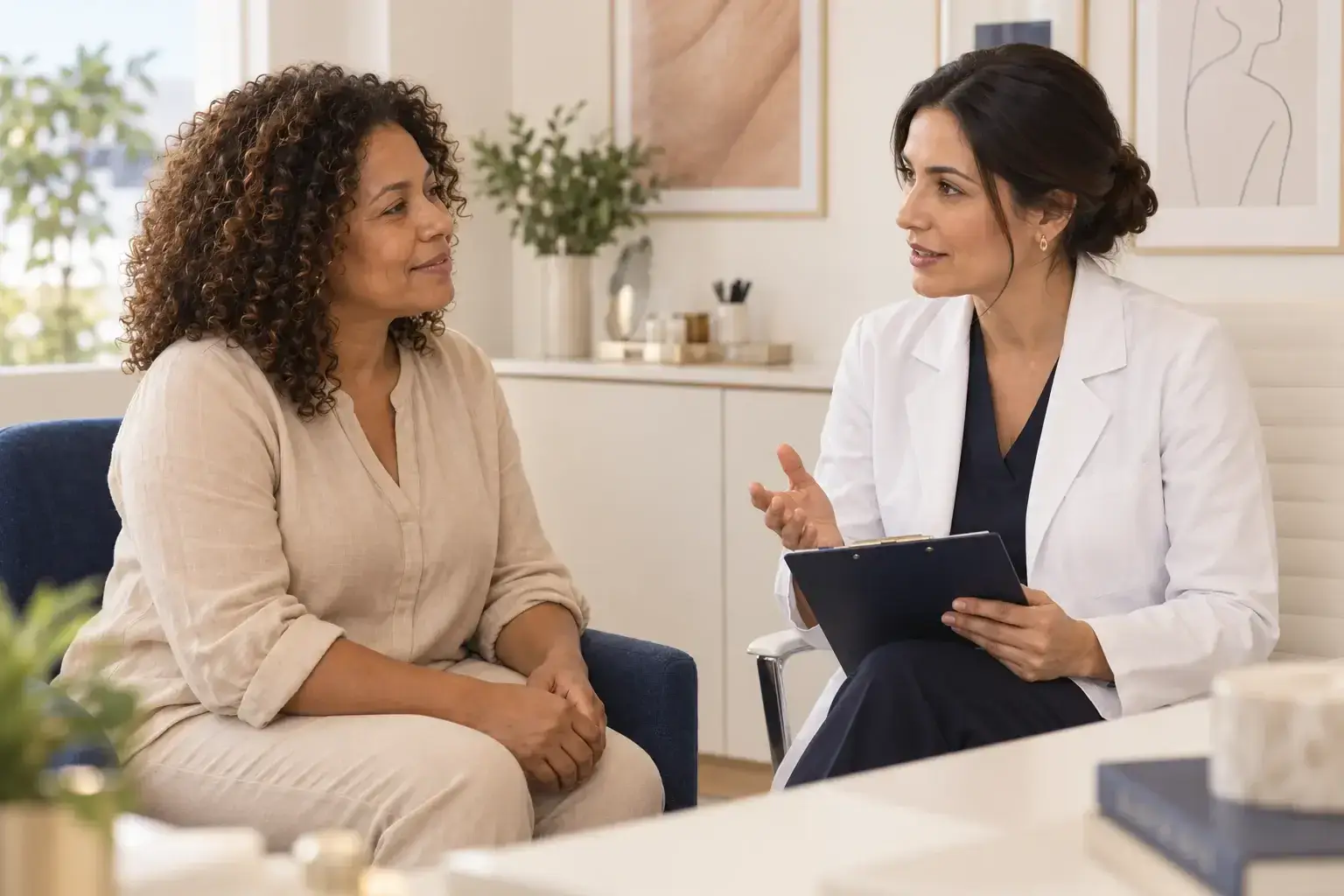 Cena conceitual de conversa entre paciente e médica durante avaliação dermatológica.